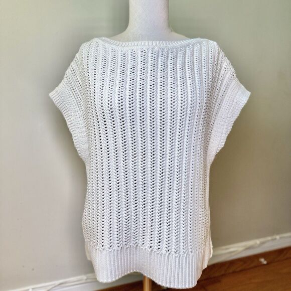 Frye Women’s Chunky Cable Knit Pullover Sweater Cap Sleeve Cream White Sz M EUC - Picture 1 of 12